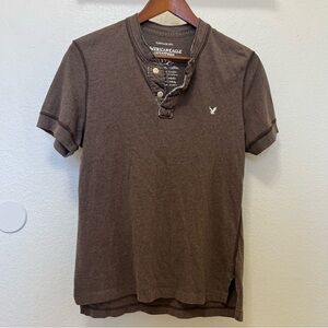 American Eagle Outfitters Men's Brown Henley Shirt Sz S Y2K Vintage fit cotton